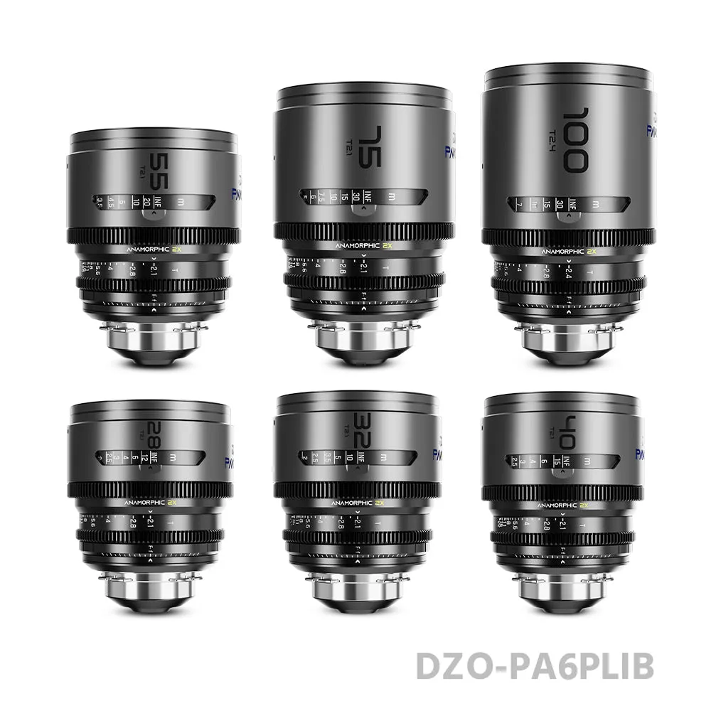 DZOFILM 28/32/40/55/75mm T2.1 & 100mm T2.4 Pavo 2x anamorphic Prime Cine Lens 6 Lens Set PL&EF mount