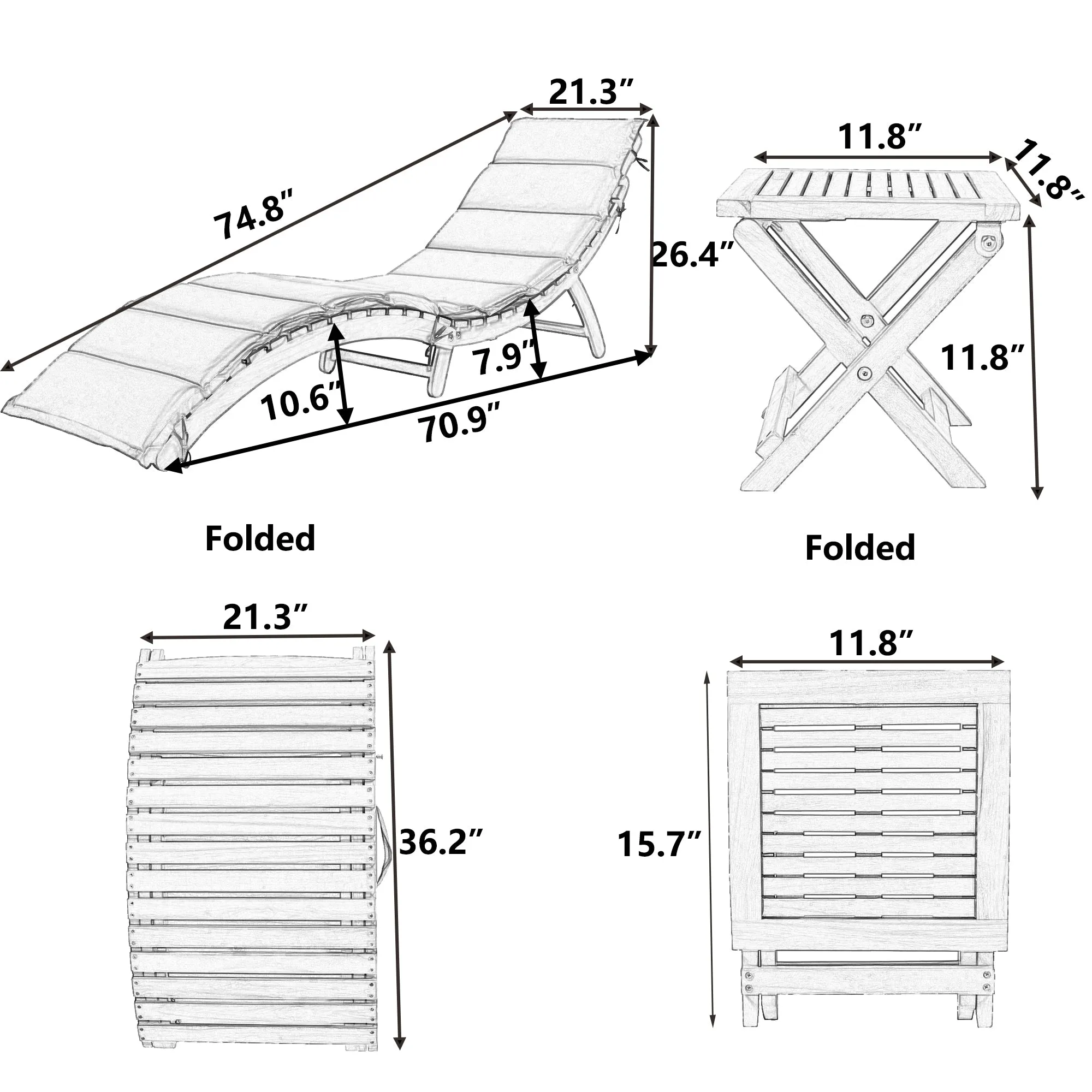 Elevate Lounge Outdoor Patio Wood Portable Extended Chaise Lounge Set - Gray