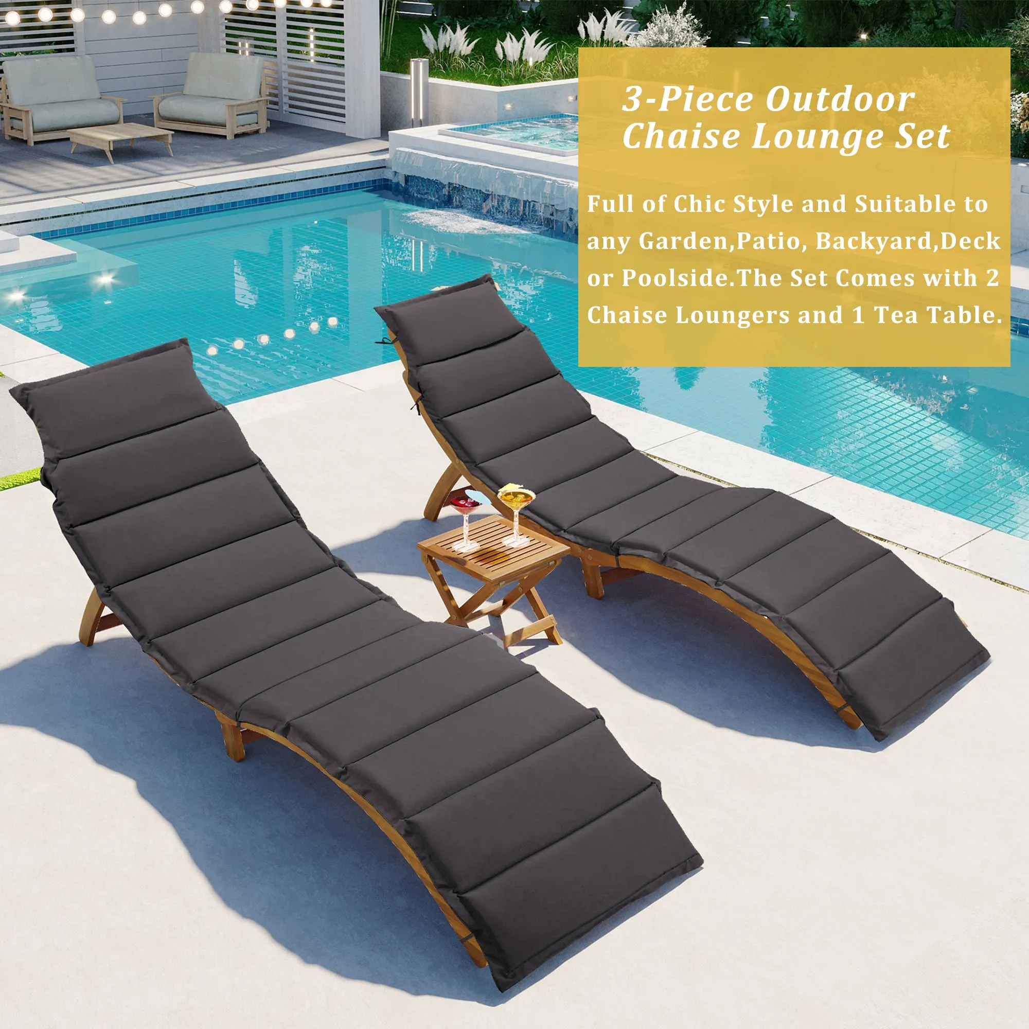 Elevate Lounge Outdoor Patio Wood Portable Extended Chaise Lounge Set - Gray