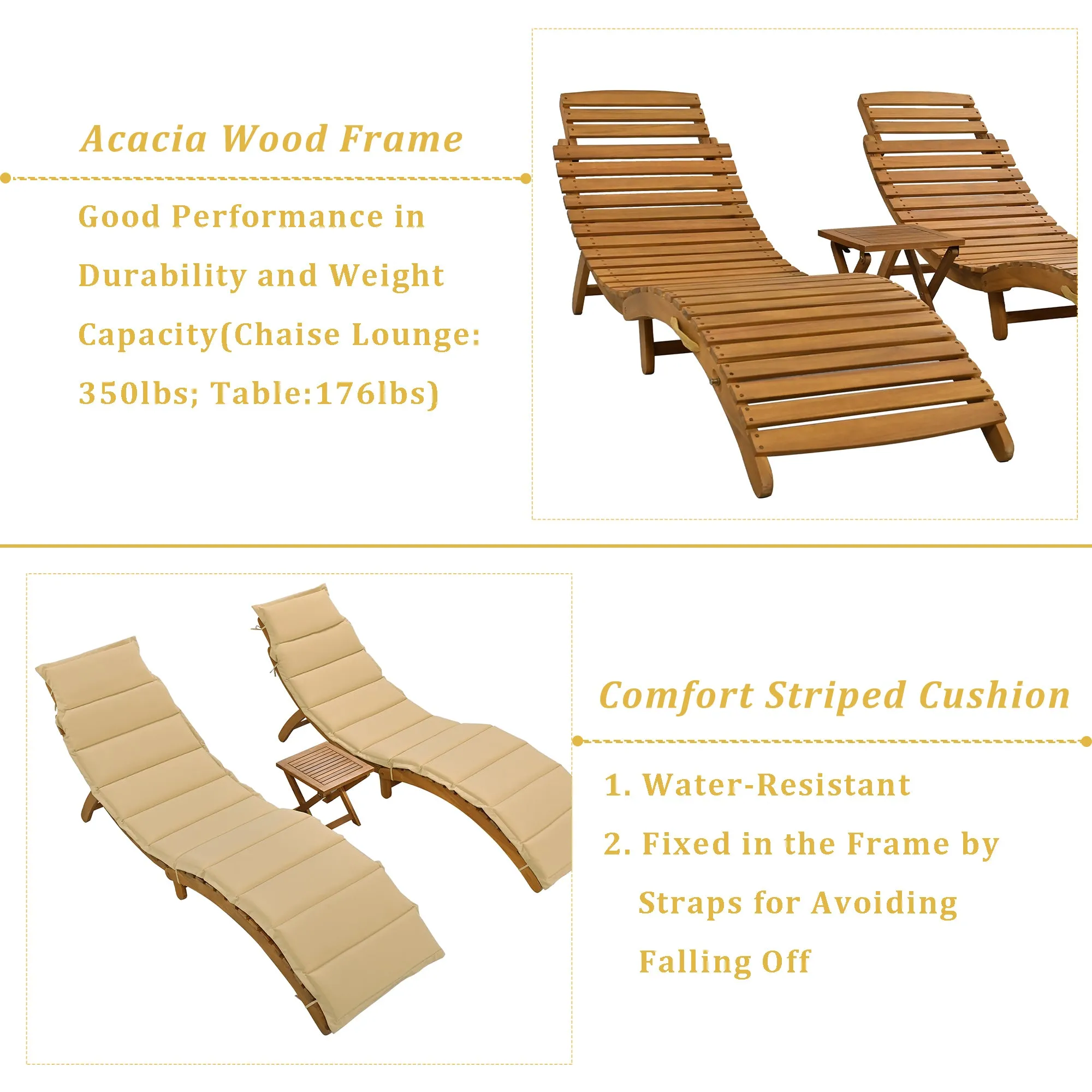 Elevate Lounge Outdoor Patio Wood Portable Extended Chaise Lounge Set - Gray