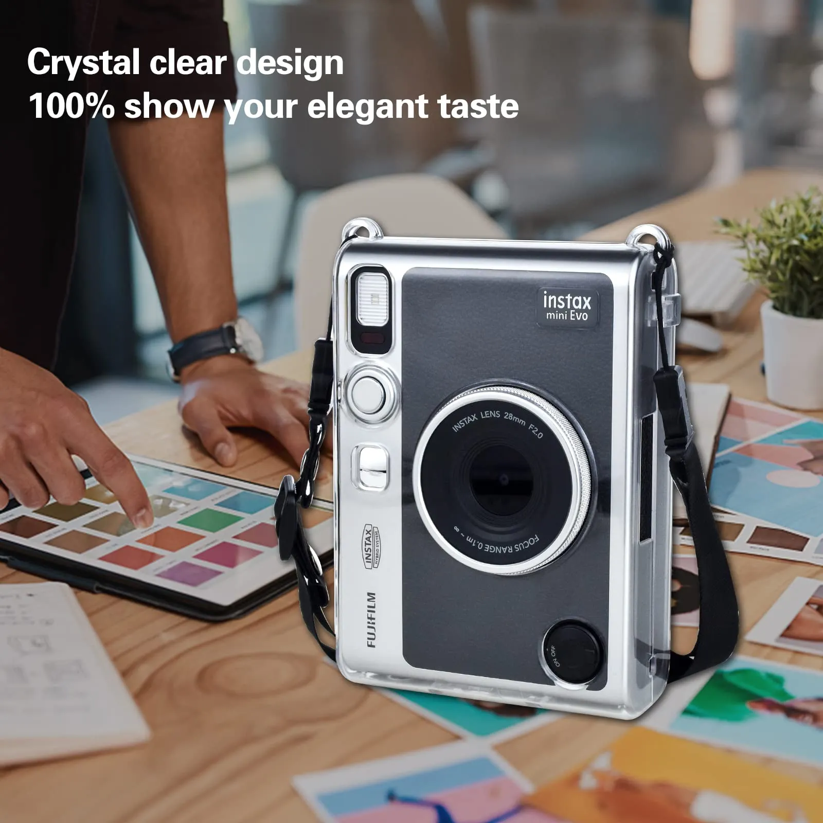 Fujifilm Instax Mini EVO Case | Crystal PVC Instant Camera Hard Carrying Cover with Adjustable Shoulder Strap|Clear