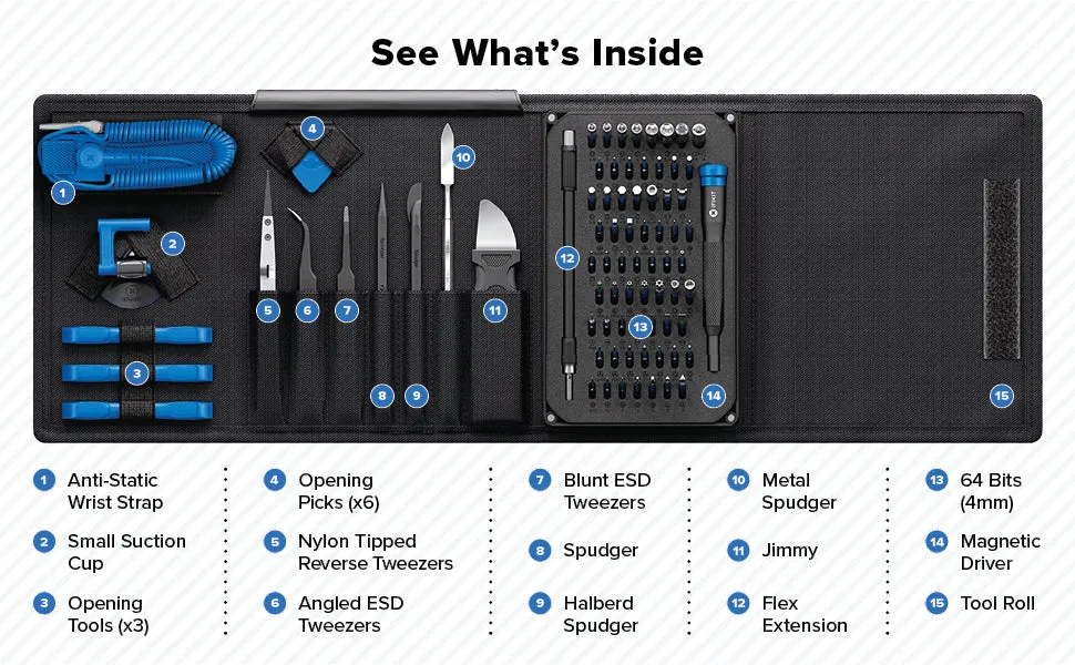 iFixit PRO Tech Precision Toolkit Set with Opening, Gripping, Prying, Poking and 64 Magnetic Bit Drivers for Professional Electronics Repair for Smartphones Tablets Laptop PC Computer