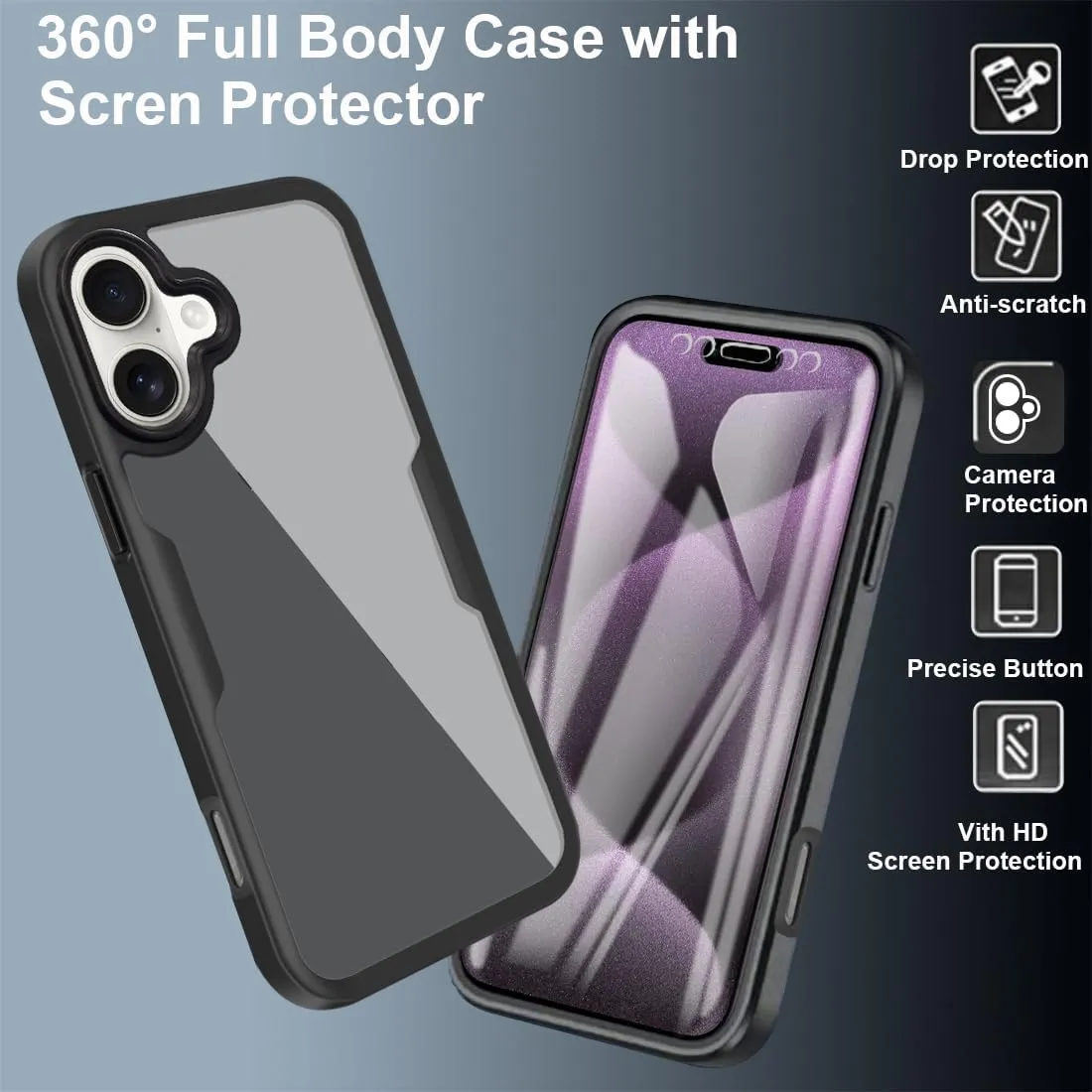 iPhone 16 Pro Max Case360° Full Body Clear Rugged Protective Case Cover Full Pink