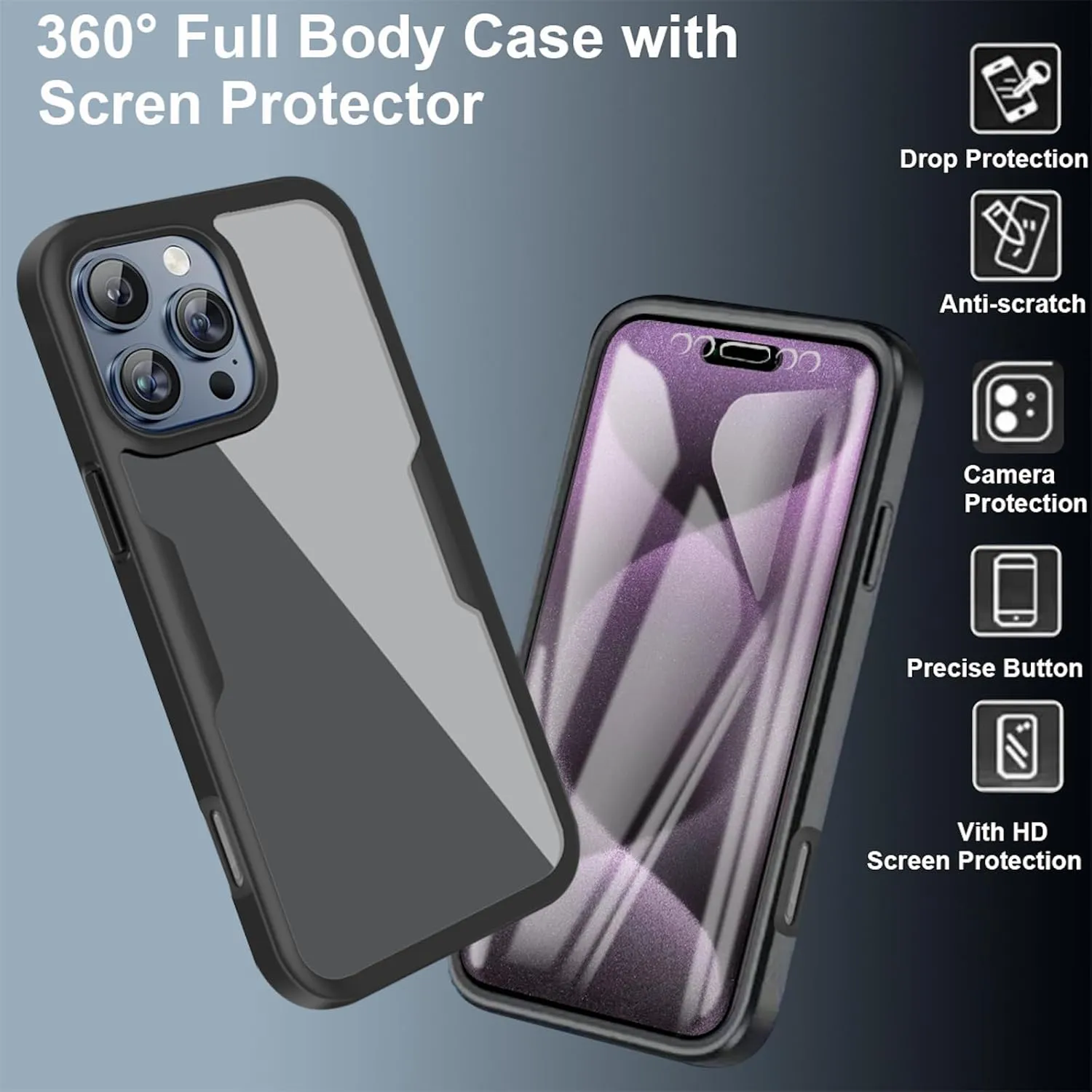 iPhone 16 Pro Max Case360° Full Body Clear Rugged Protective Case Cover Full Pink