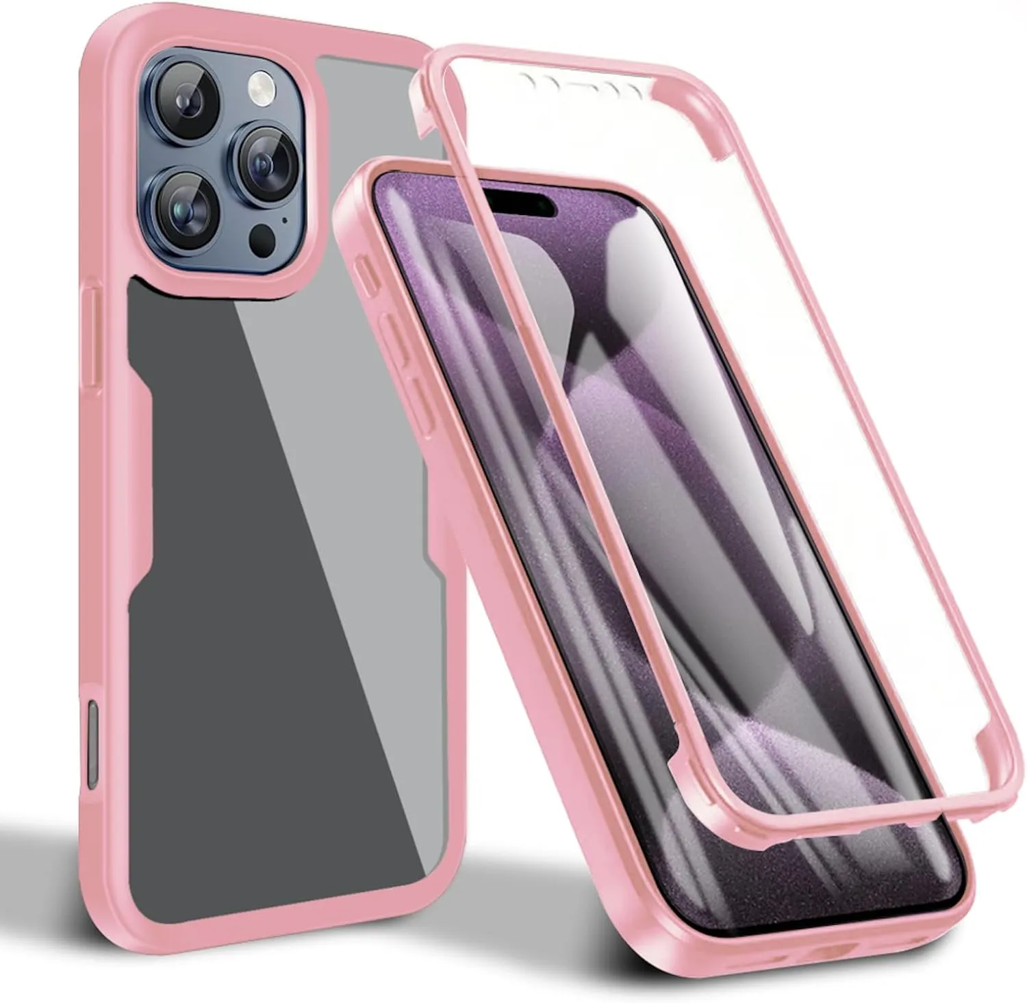 iPhone 16 Pro Max Case360° Full Body Clear Rugged Protective Case Cover Full Pink