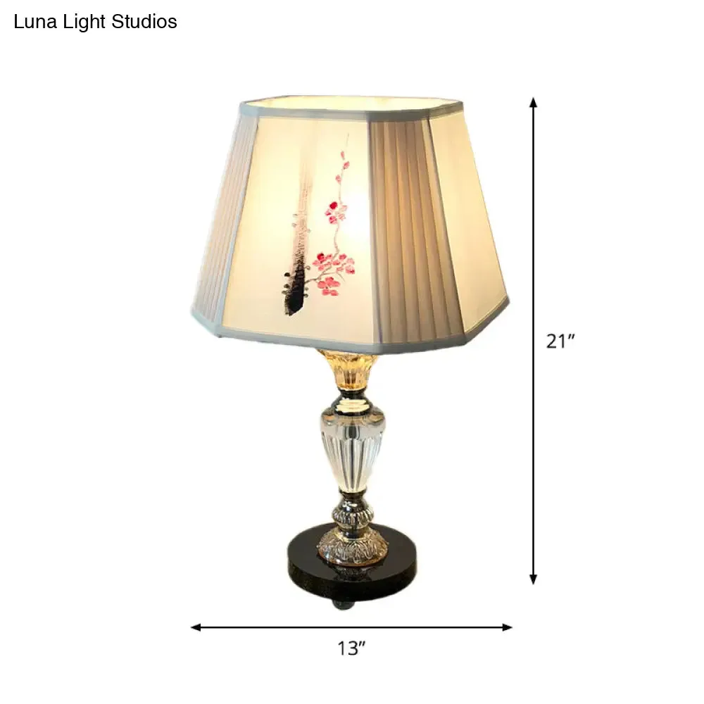 Kayla - Floral Paneled Bell Bedroom Table Lighting Fabric Shade 1 Light Contemporary Night Lamp with Floral Painting Design