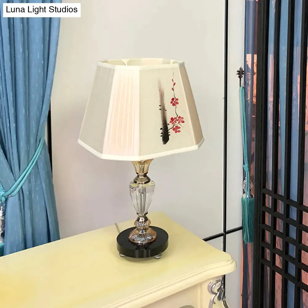 Kayla - Floral Paneled Bell Bedroom Table Lighting Fabric Shade 1 Light Contemporary Night Lamp with Floral Painting Design
