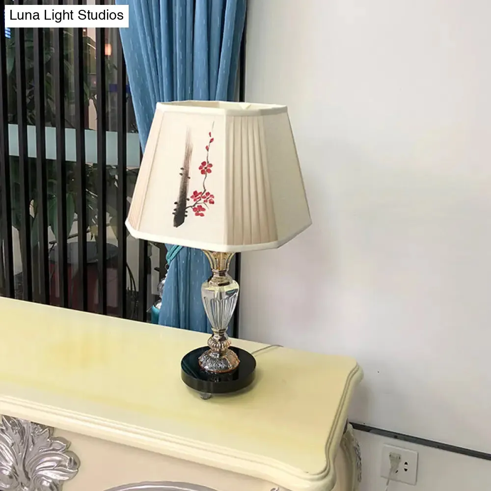 Kayla - Floral Paneled Bell Bedroom Table Lighting Fabric Shade 1 Light Contemporary Night Lamp with Floral Painting Design