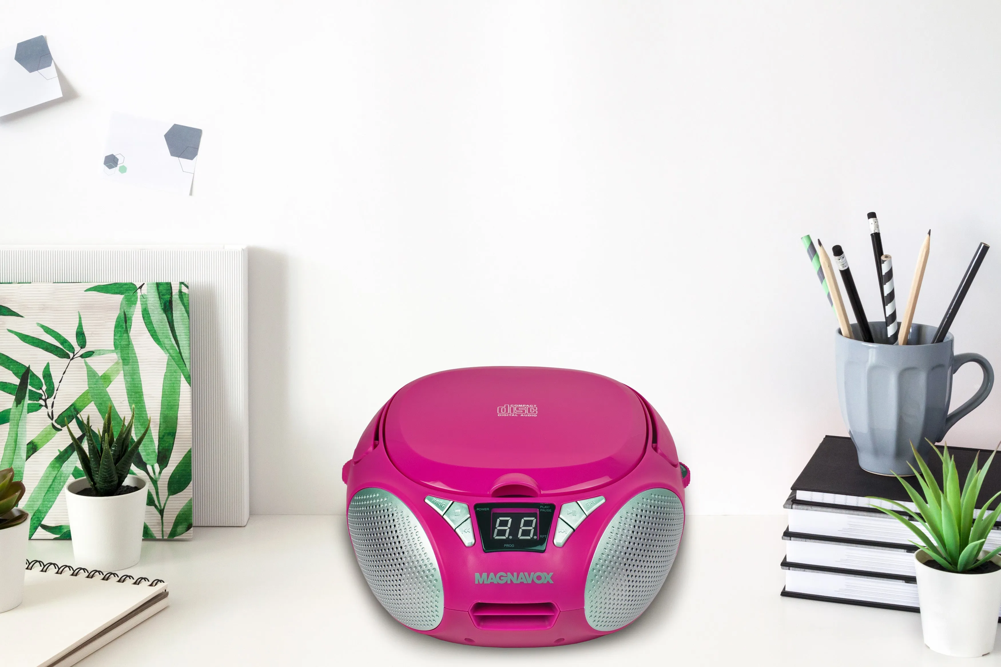 Magnavox MD6924-PK Portable Top Loading CD Boombox with AM/FM Stereo Radio in Pink