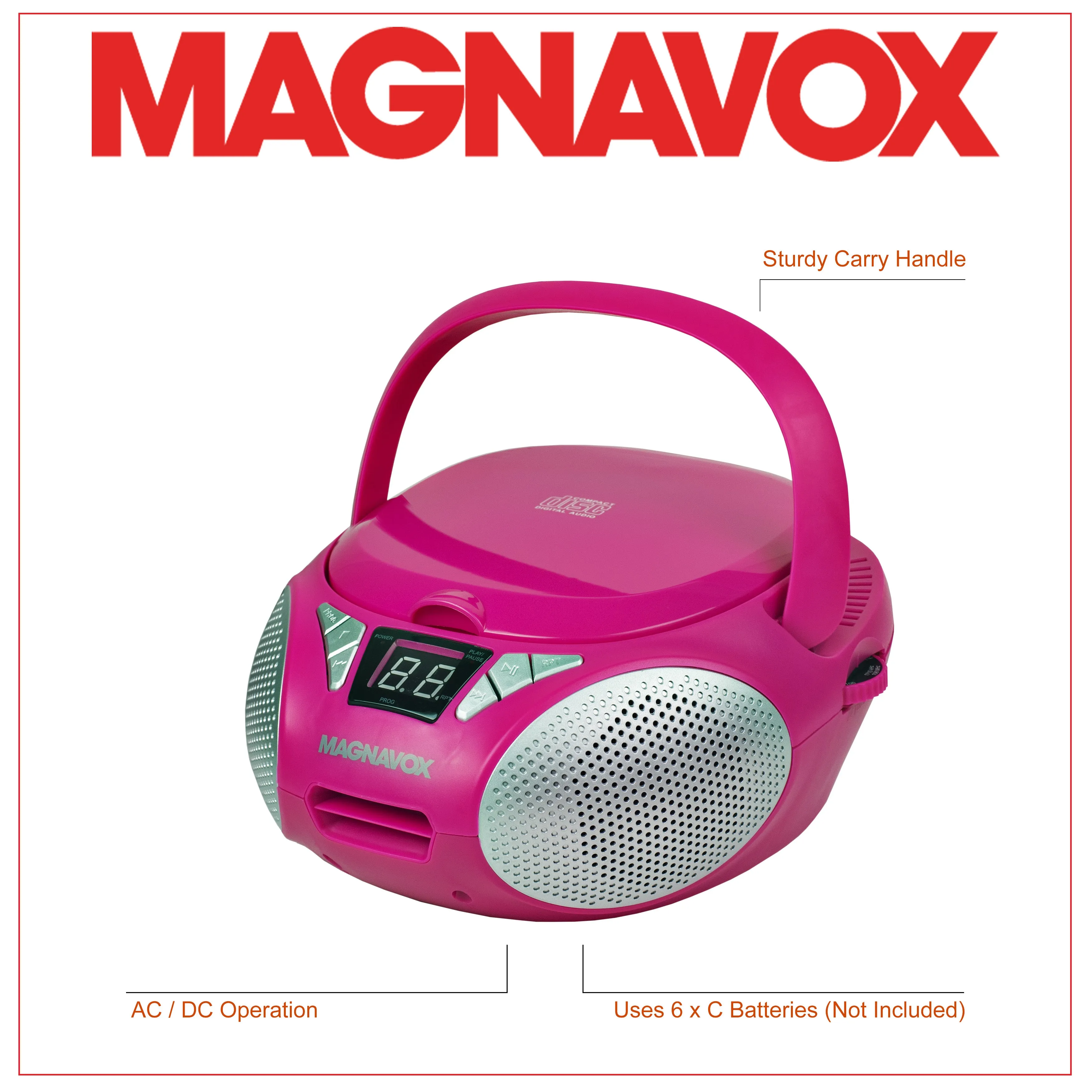 Magnavox MD6924-PK Portable Top Loading CD Boombox with AM/FM Stereo Radio in Pink