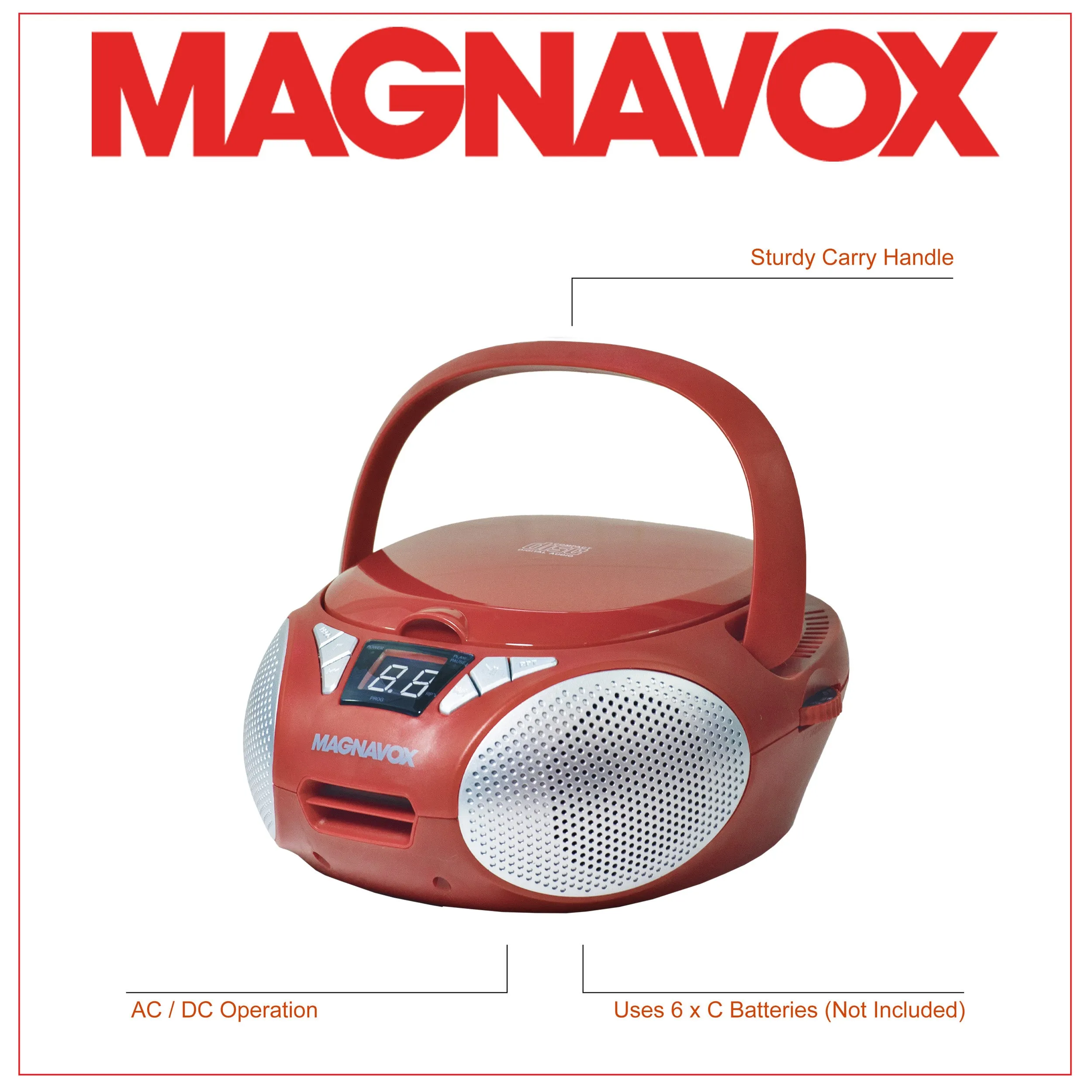 Magnavox MD6924-RD Portable Top Loading CD Boombox with AM/FM Radio in Red