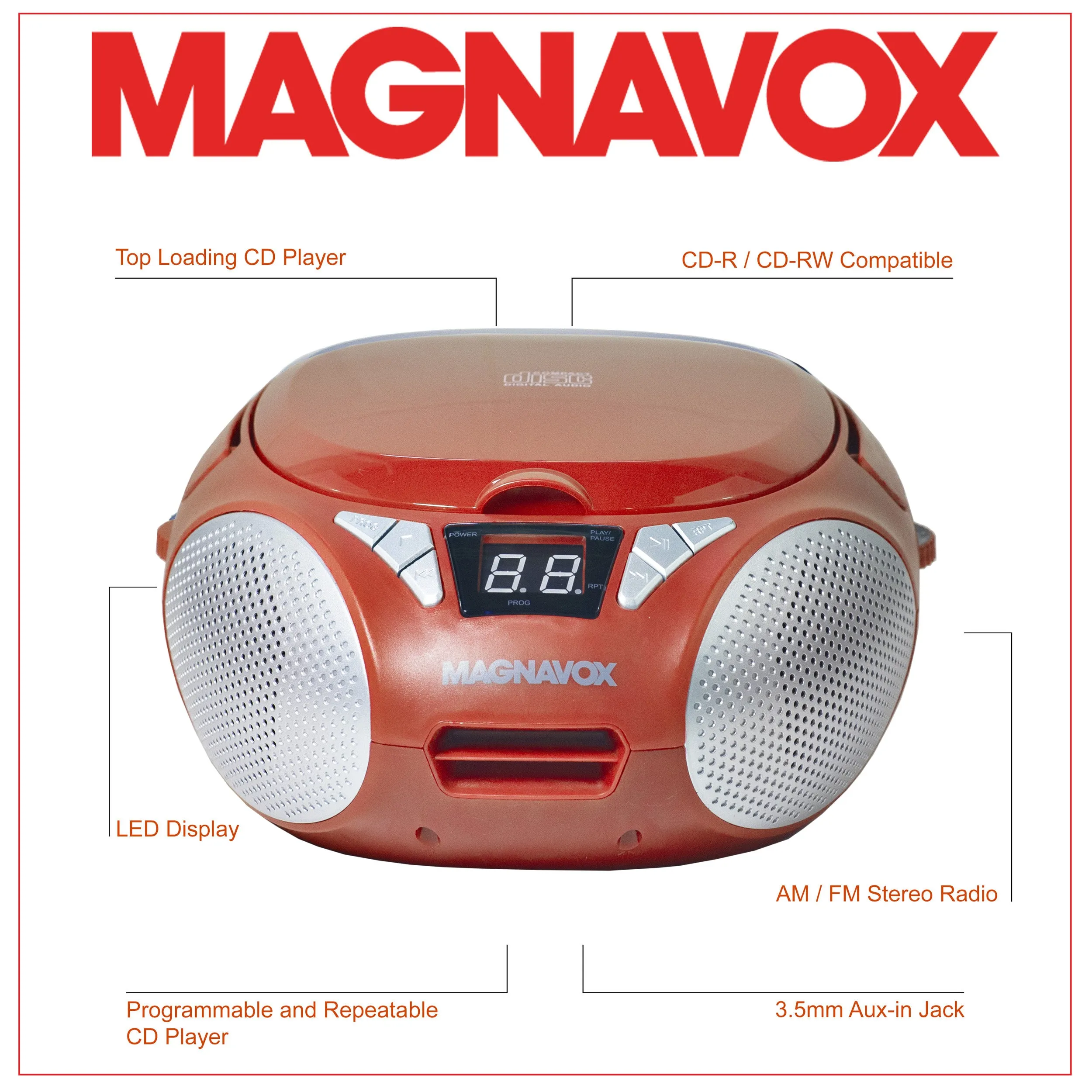 Magnavox MD6924-RD Portable Top Loading CD Boombox with AM/FM Radio in Red