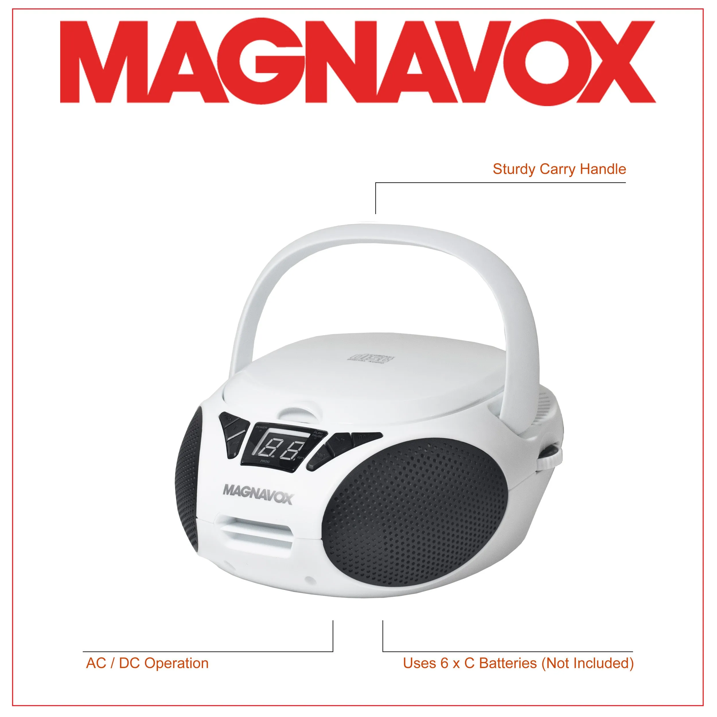 Magnavox MD6924-WH Portable Top Loading CD Boombox with AM/FM Radio in White/Black