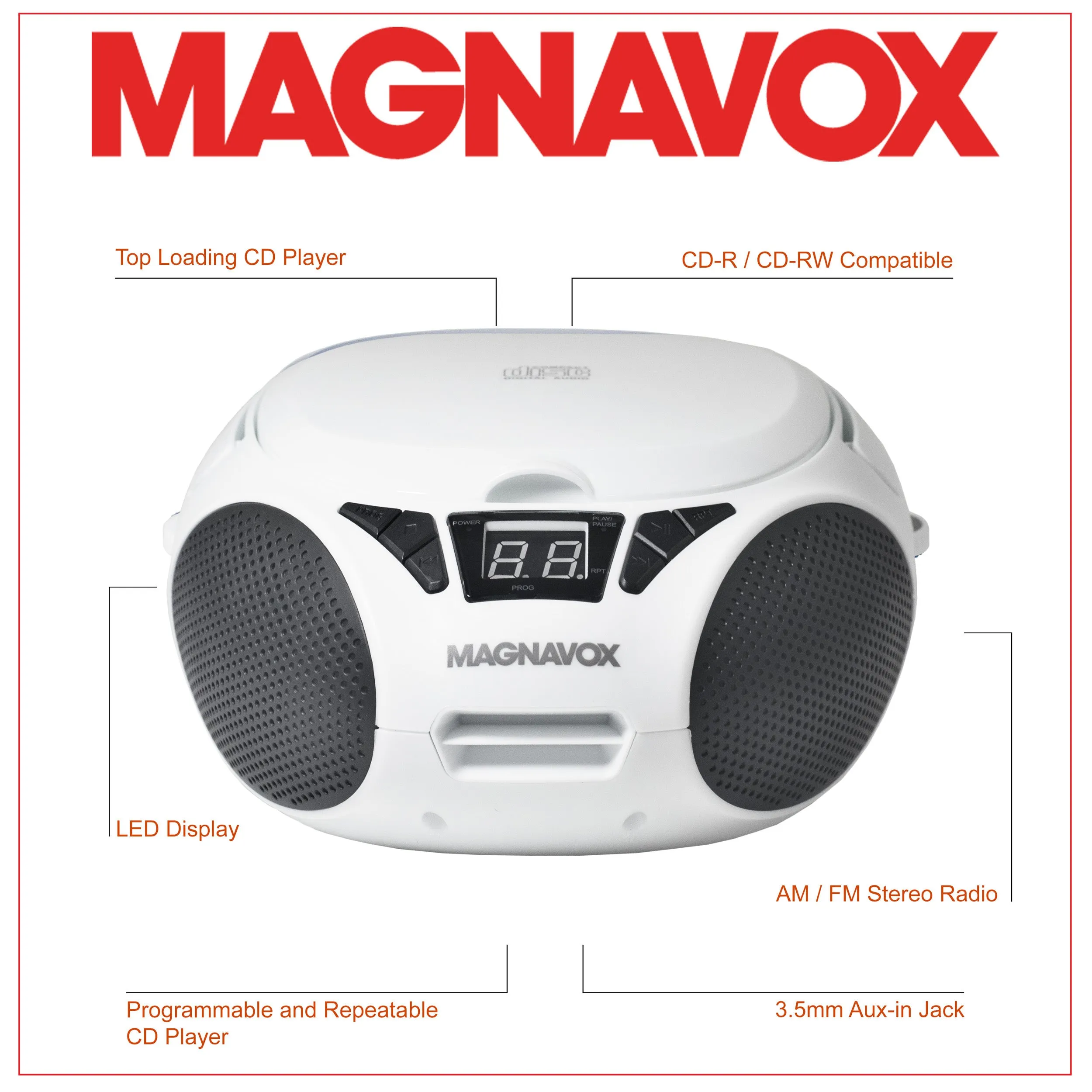 Magnavox MD6924-WH Portable Top Loading CD Boombox with AM/FM Radio in White/Black