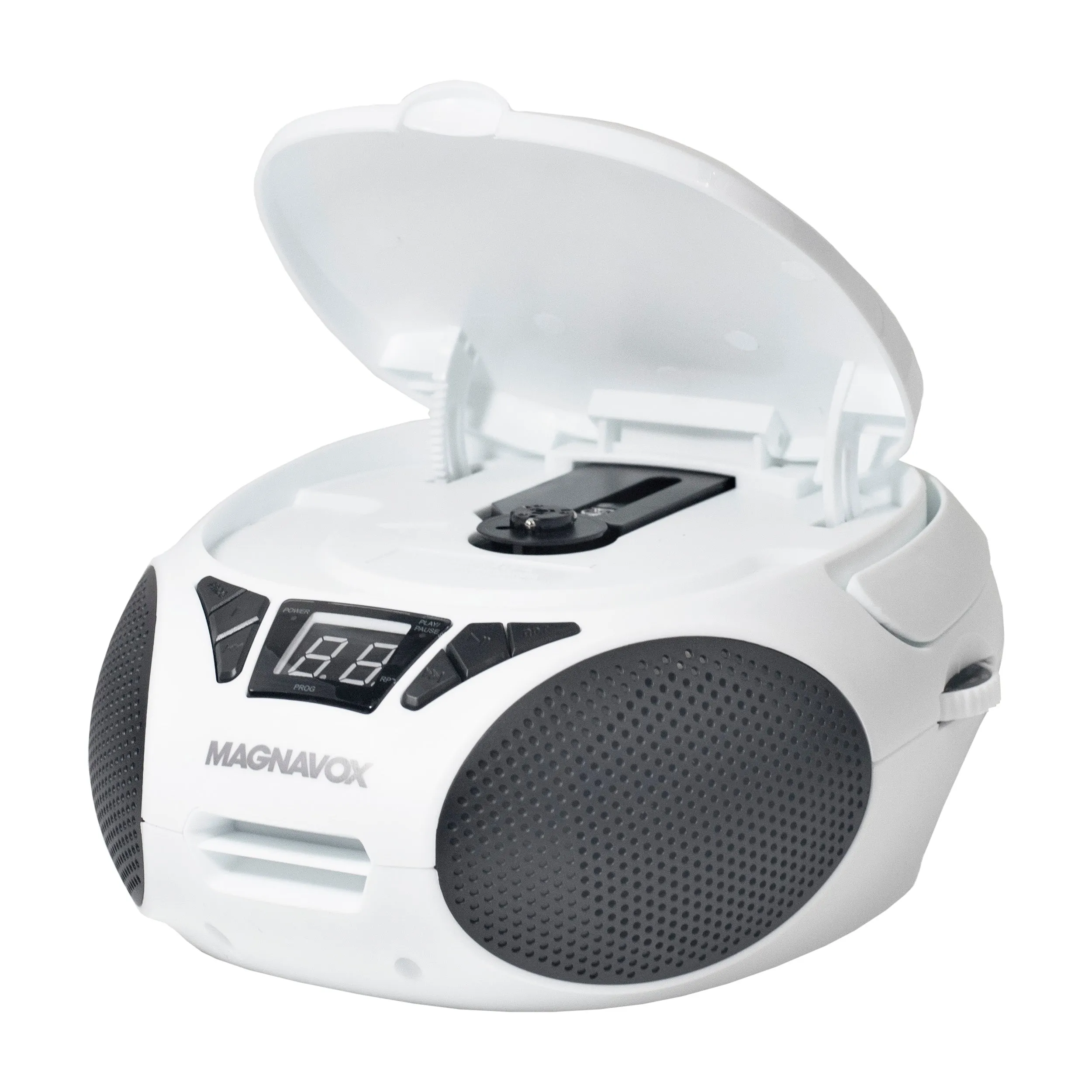 Magnavox MD6924-WH Portable Top Loading CD Boombox with AM/FM Radio in White/Black