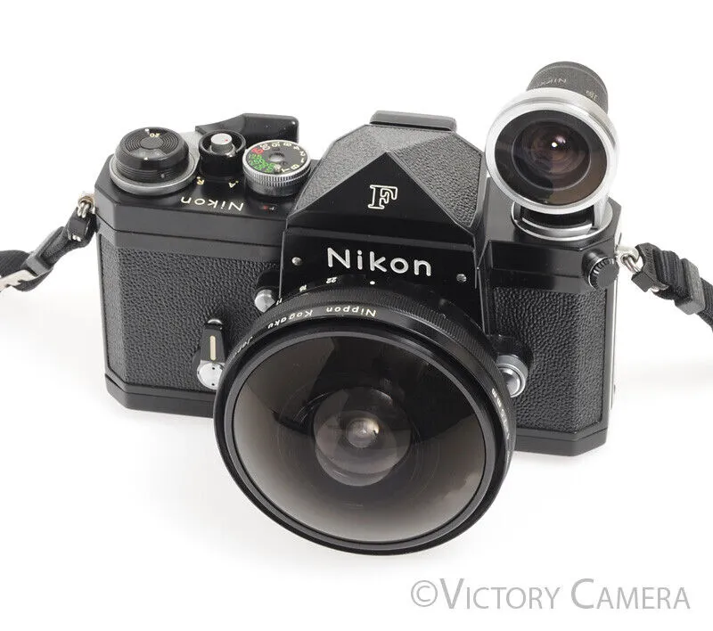 Nikon F Black Body w/ Rare 7.5mm f5.6 Fish Eye Nikkor Lens & Viewfinder -Cool-
