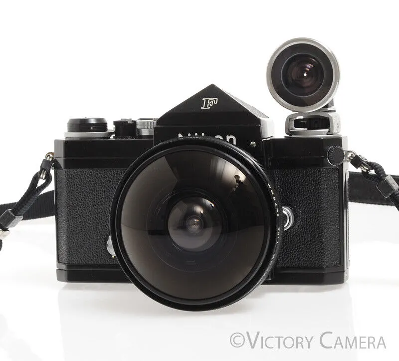 Nikon F Black Body w/ Rare 7.5mm f5.6 Fish Eye Nikkor Lens & Viewfinder -Cool-