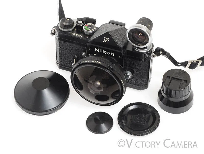 Nikon F Black Body w/ Rare 7.5mm f5.6 Fish Eye Nikkor Lens & Viewfinder -Cool-