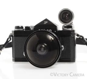 Nikon F Black Body w/ Rare 7.5mm f5.6 Fish Eye Nikkor Lens & Viewfinder -Cool-