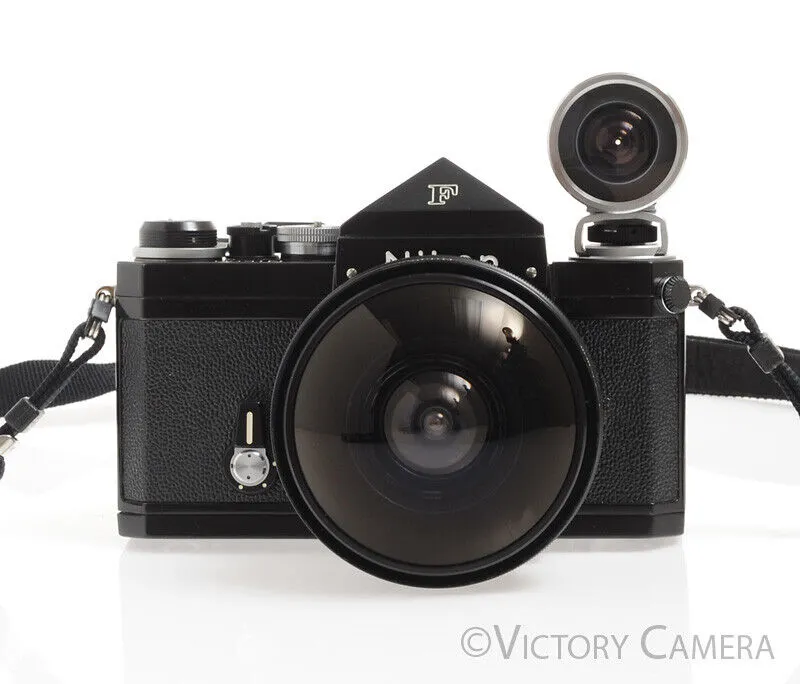 Nikon F Black Body w/ Rare 7.5mm f5.6 Fish Eye Nikkor Lens & Viewfinder -Cool-