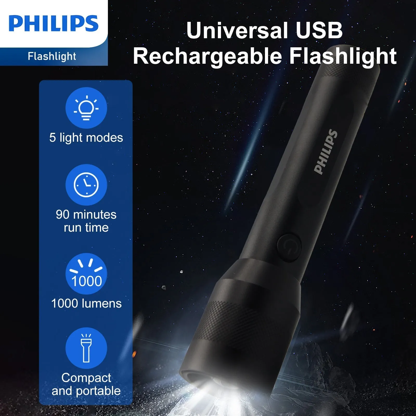 Philips Rechargeable LED 1000 Lumens Flashlight with Adjustable Focus (Black)