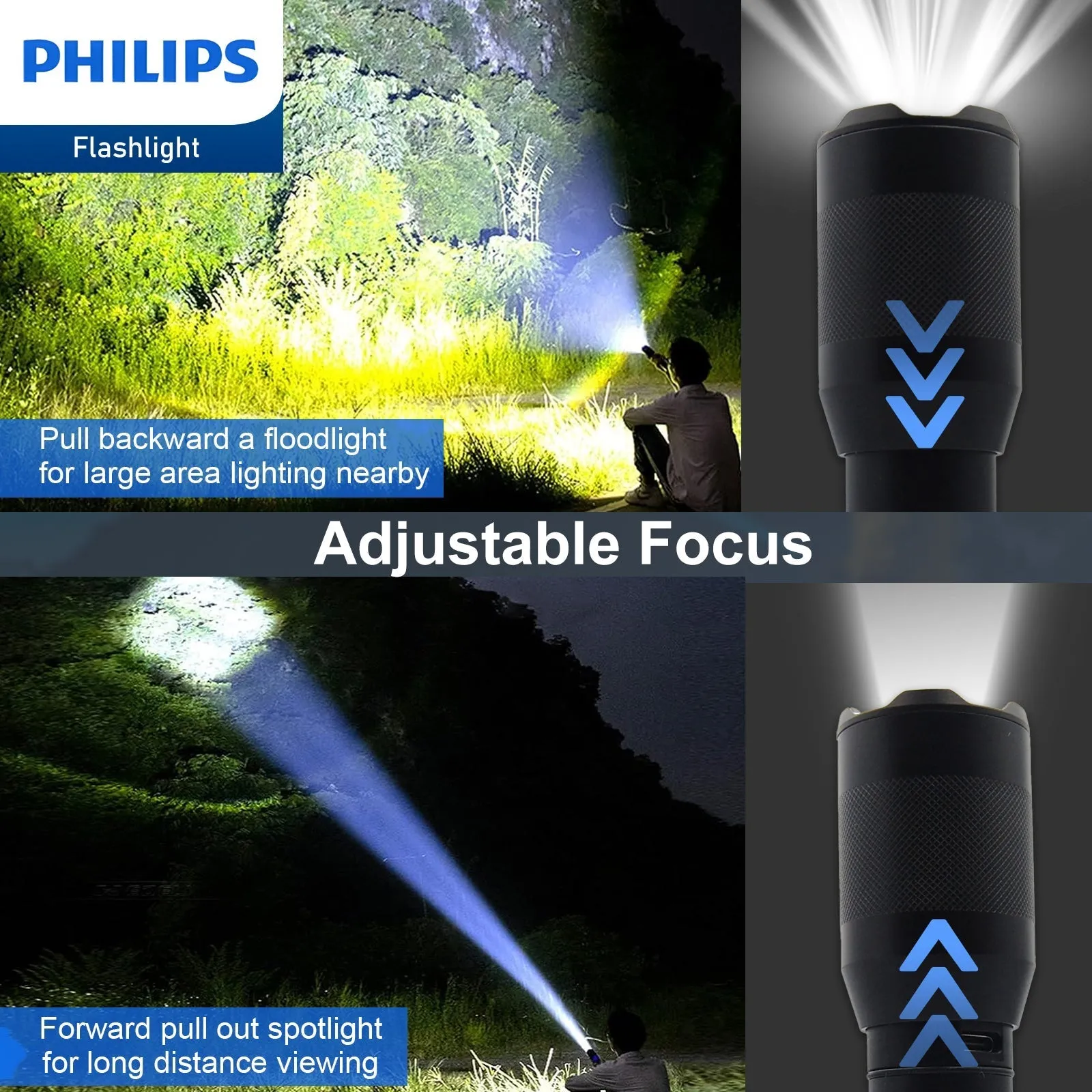 Philips Rechargeable LED 1000 Lumens Flashlight with Adjustable Focus (Black)
