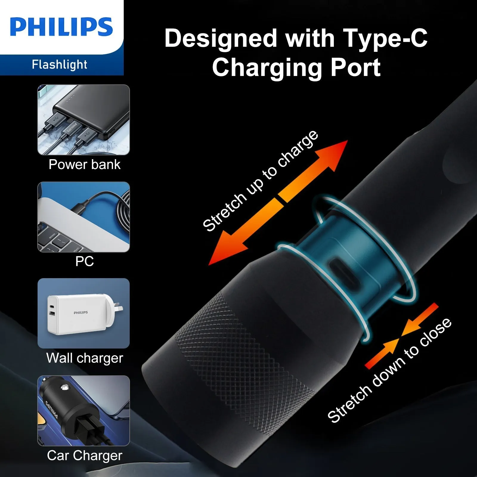 Philips Rechargeable LED 1000 Lumens Flashlight with Adjustable Focus (Black)