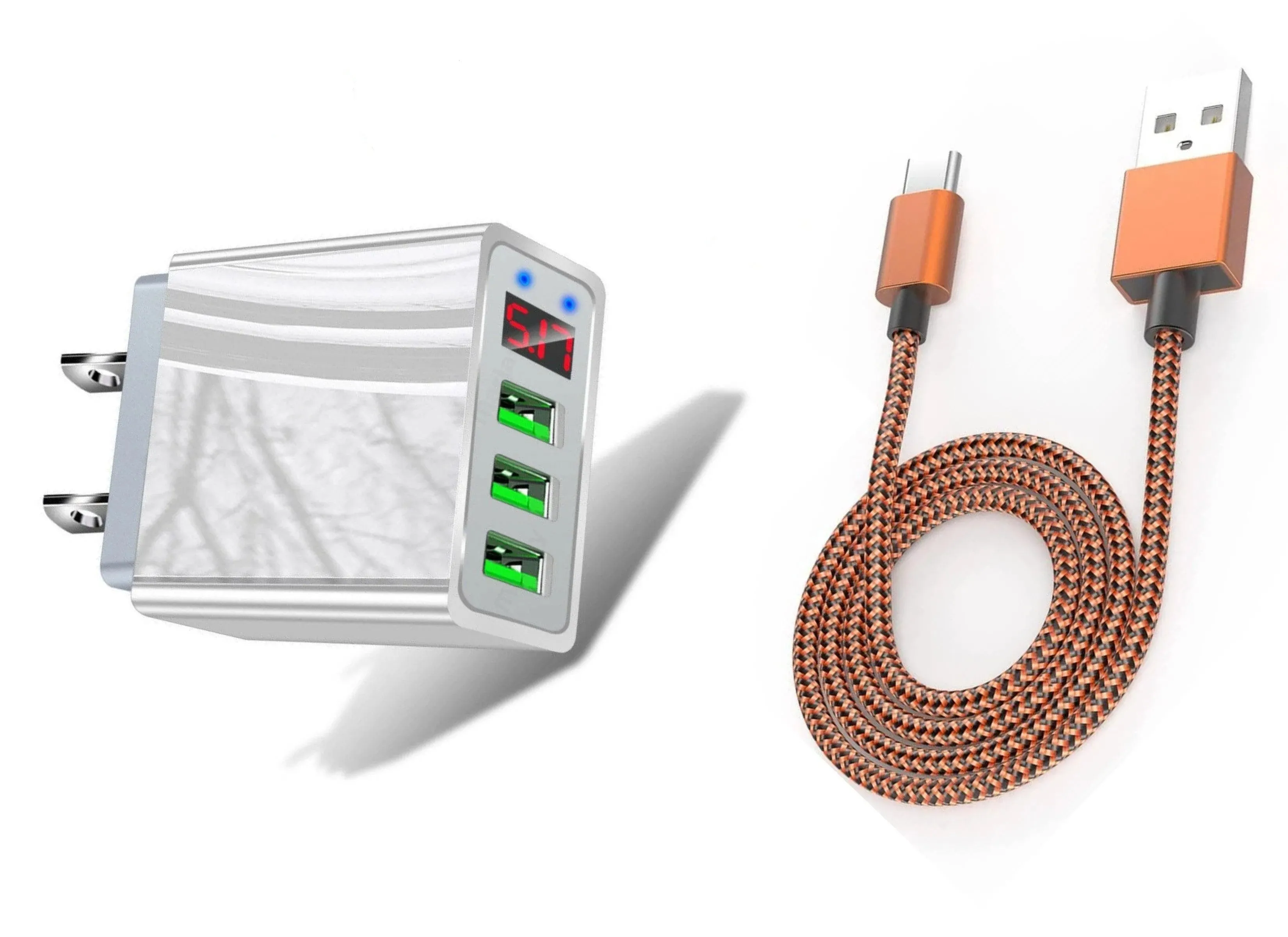 QC3.0 Multi-Port Universal Wall Charger and 10FT XL Charger Compatible for Iphone Cable Orange Combo