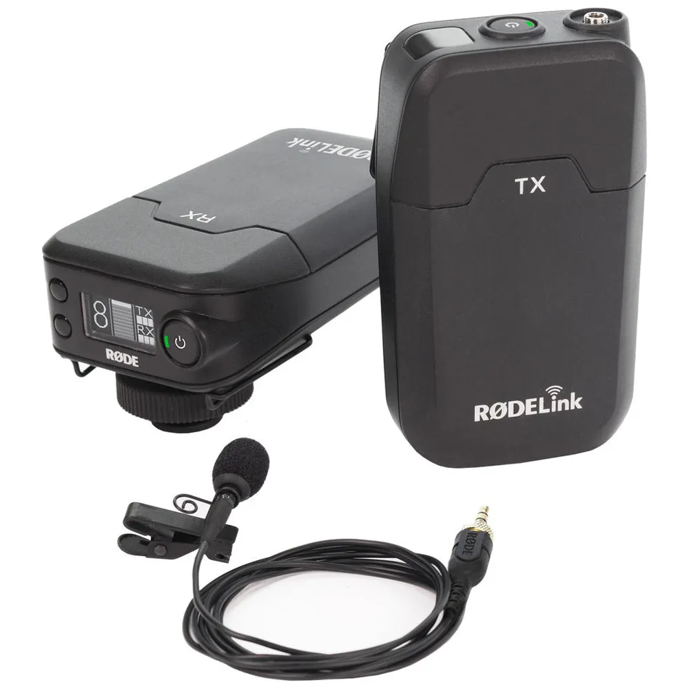 Rode RodeLink Filmmaker Kit (TX   RX) Digital On-Camera 2.4GHz Wireless Omnidirectional Condenser Lavalier Microphone Set with 100m Max Operating Range, 3.5mm TRS Output, OLED Display, USB / AA Battery Power for Vlog Vlogging, Interviews