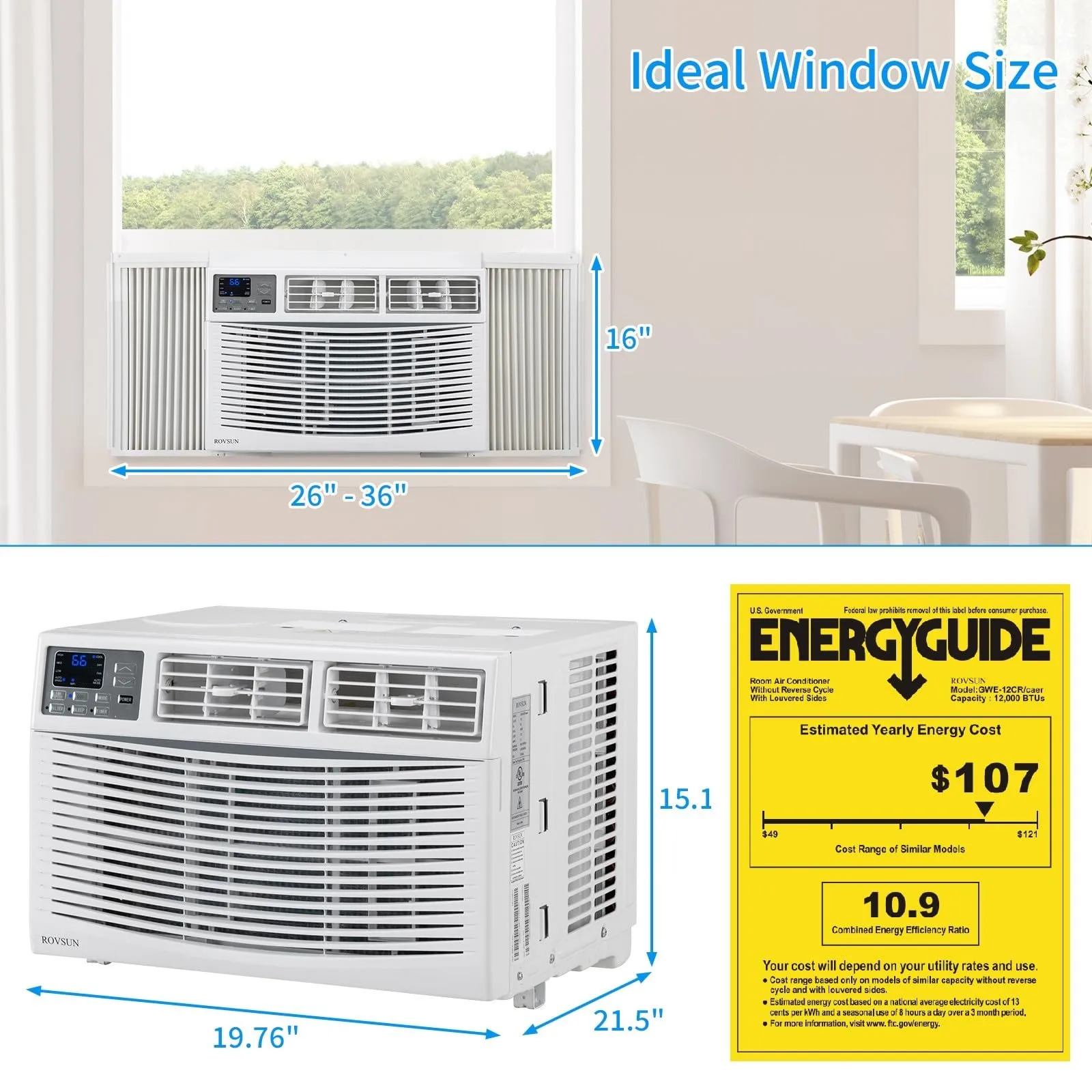 ROVSUN Smart 12000 BTU Window Air Conditioner with WiFi, Energy Saving Window AC Unit with Remote & App Control, Timer Function & Easy Install Kit, for Rooms up to 550 Square Feet, 115V/60Hz, White