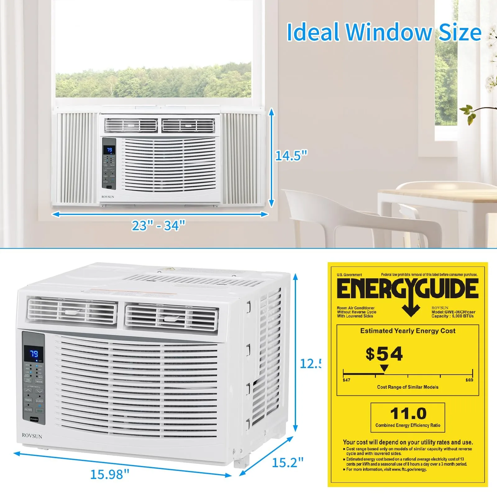 ROVSUN Smart 6000BTU Window Air Conditioner with WiFi, Energy Saving Window AC Unit with Remote & App Control & Timer Function & Easy Install Kit, for Rooms up to 250 Square Feet, 115V/60Hz, White