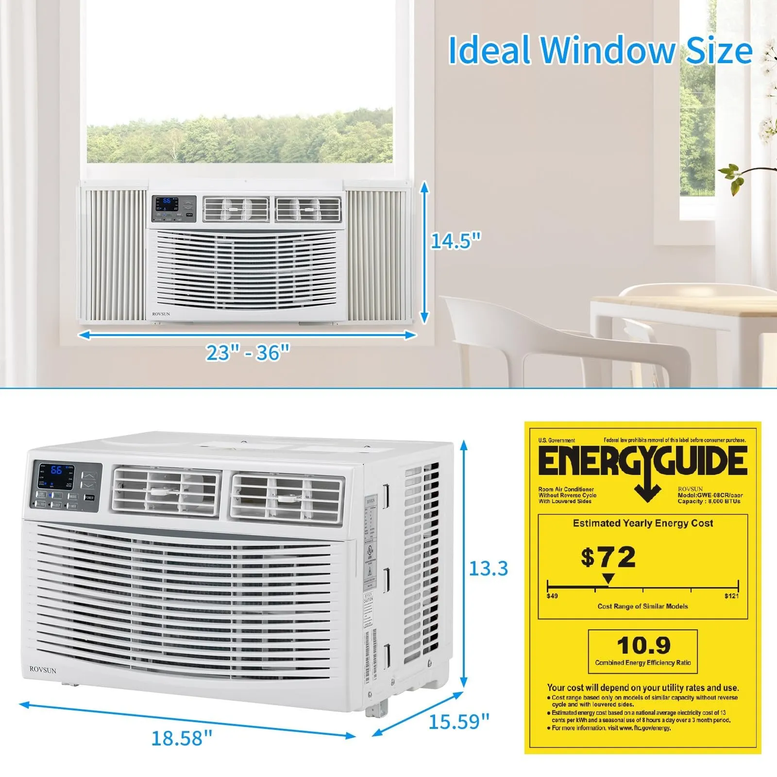 ROVSUN Smart 8000 BTU Window Air Conditioner with WiFi, Energy Saving Window AC Unit with Remote & App Control, Timer Function & Easy Install Kit, for Rooms up to 350 Square Feet, 115V/60Hz, White