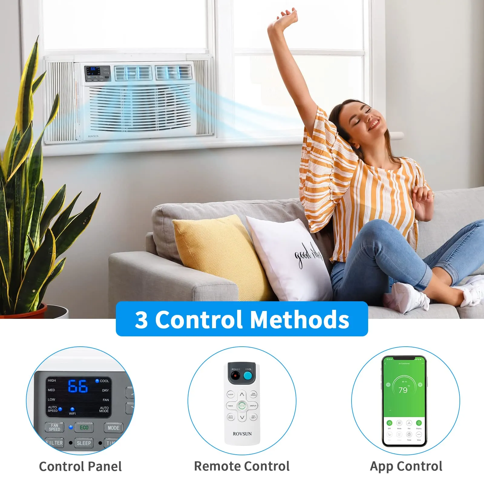 ROVSUN Smart 8000 BTU Window Air Conditioner with WiFi, Energy Saving Window AC Unit with Remote & App Control, Timer Function & Easy Install Kit, for Rooms up to 350 Square Feet, 115V/60Hz, White