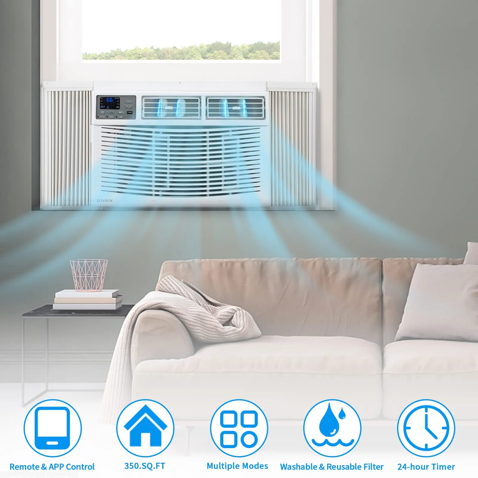 ROVSUN Smart 8000 BTU Window Air Conditioner with WiFi, Energy Saving Window AC Unit with Remote & App Control, Timer Function & Easy Install Kit, for Rooms up to 350 Square Feet, 115V/60Hz, White