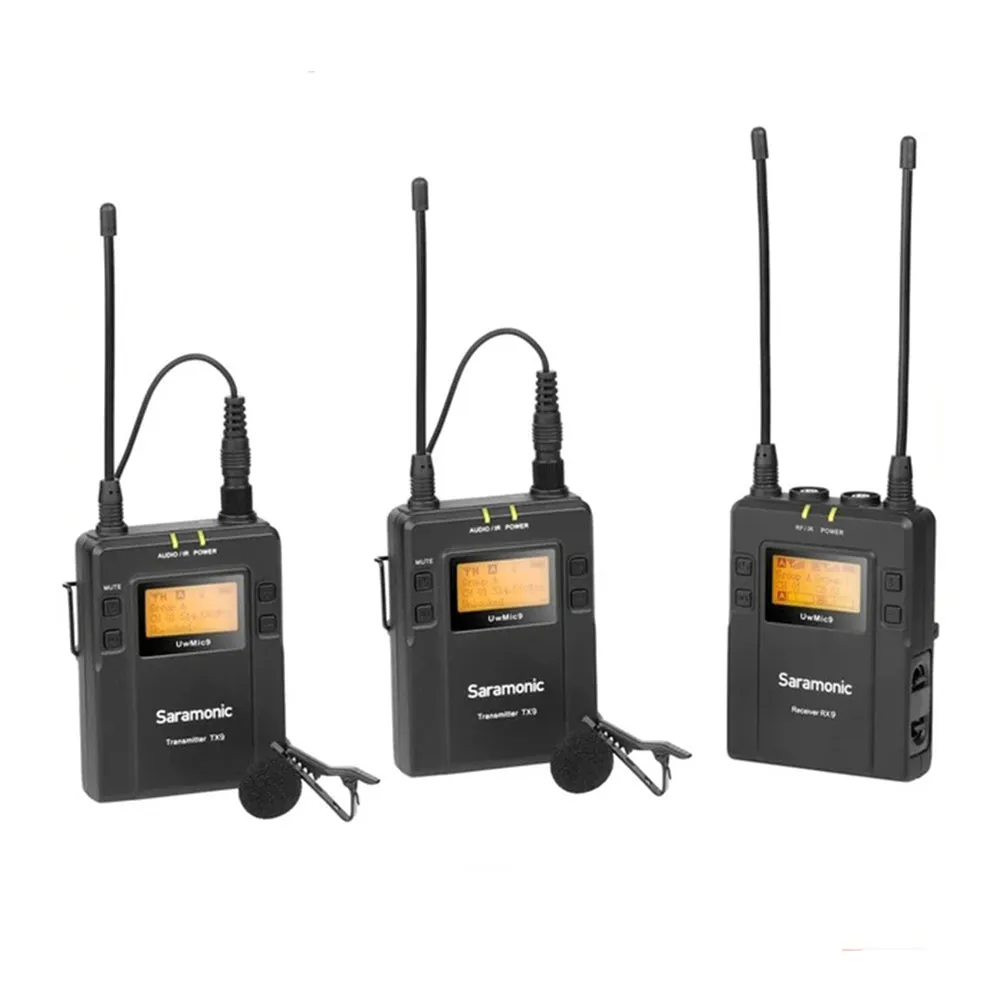 Saramonic UWMICS9S TX9   TX9   RX9 Dual Transmitter and Single Receiver Camera Mount UHF Wireless Microphone System with USB Type-C Port, Noise Cancelling and Mono / Stereo Mode Switch for Videography and Broadcasting