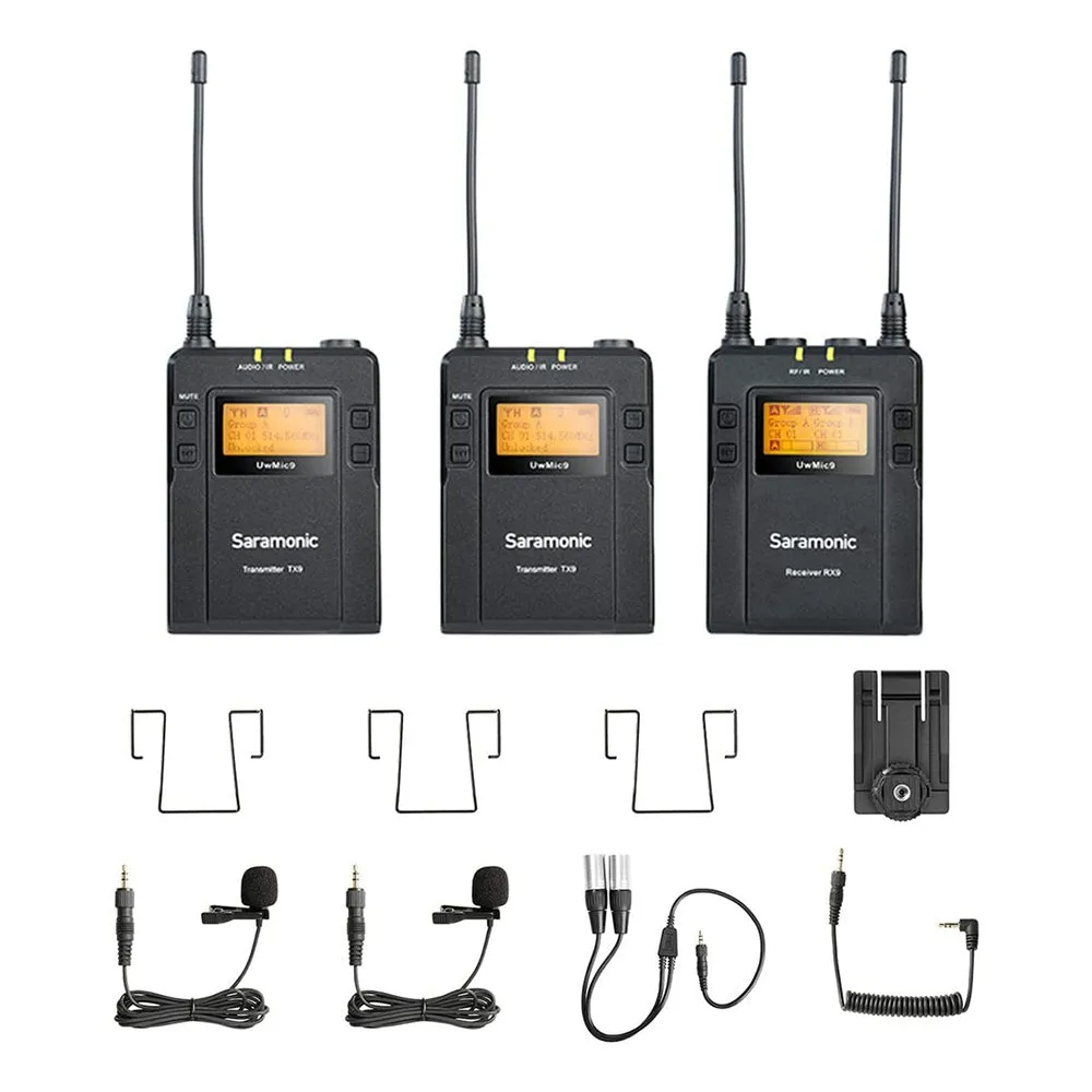 Saramonic UWMICS9S TX9   TX9   RX9 Dual Transmitter and Single Receiver Camera Mount UHF Wireless Microphone System with USB Type-C Port, Noise Cancelling and Mono / Stereo Mode Switch for Videography and Broadcasting