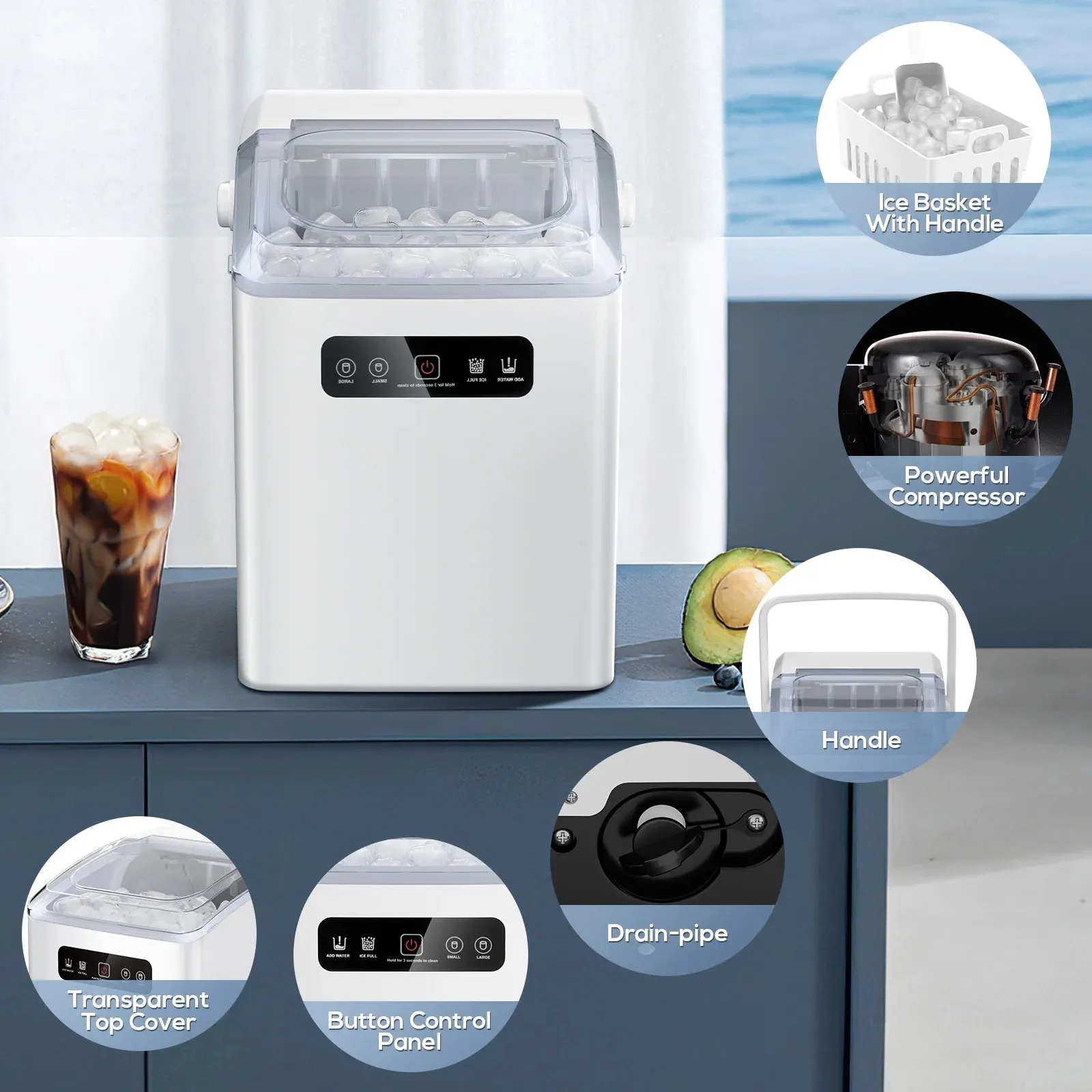 Self-Cleaning Portable Ice Maker Machine with Handle and Ice Scoop-White