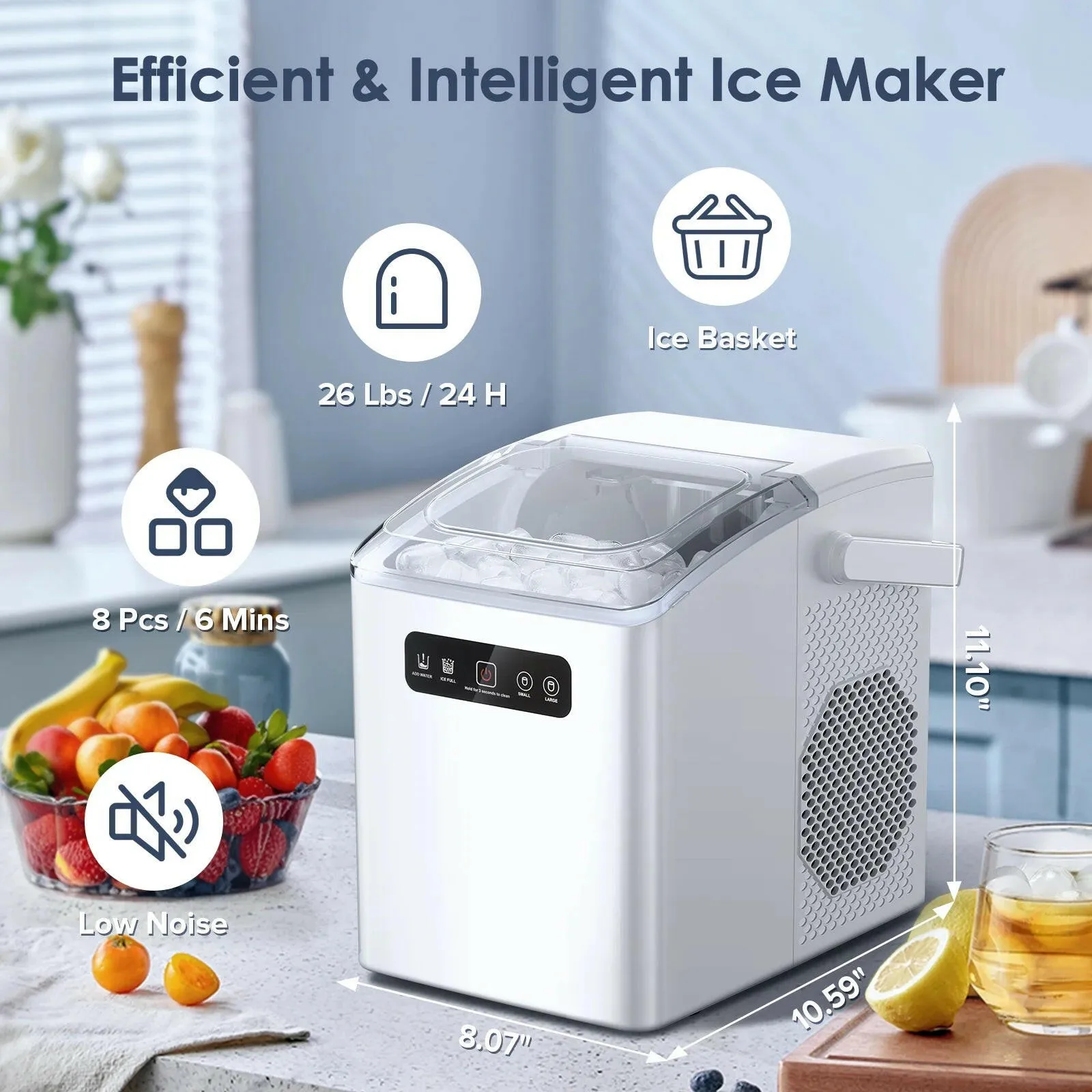 Self-Cleaning Portable Ice Maker Machine with Handle and Ice Scoop-White