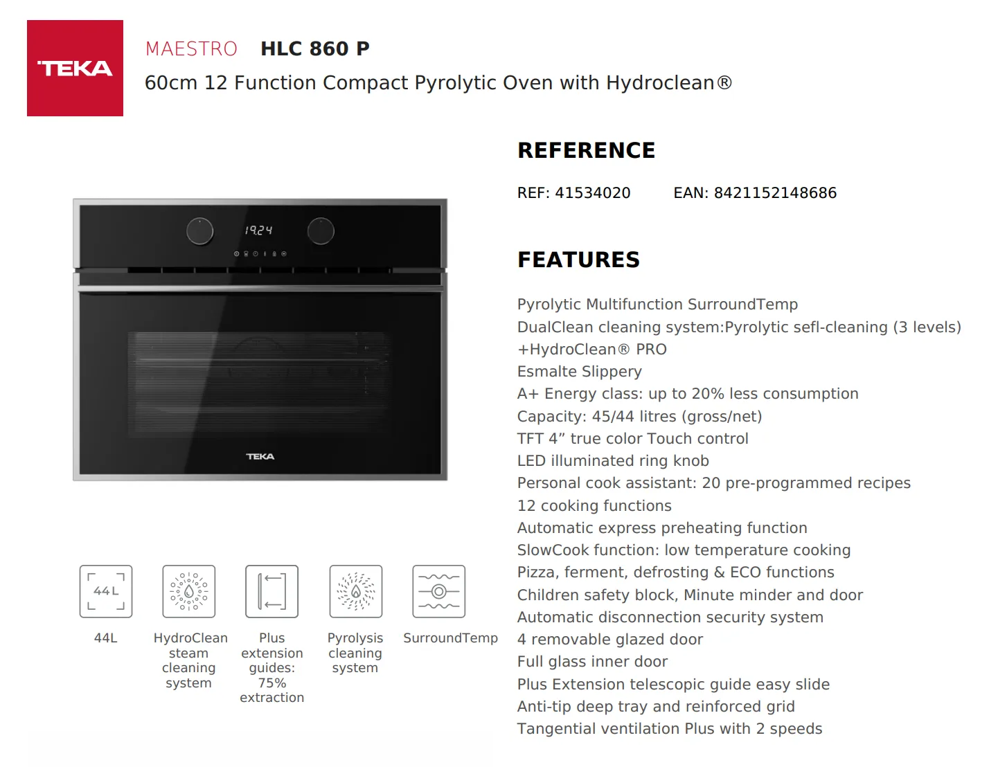 Teka HLC 860 P 45cm 12 Function Compact Pyrolytic Oven with Hydroclean® - Special Order
