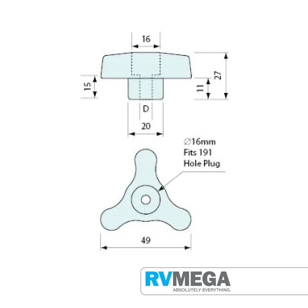 Tri Knob 1/4" BSW Internal Thread Each