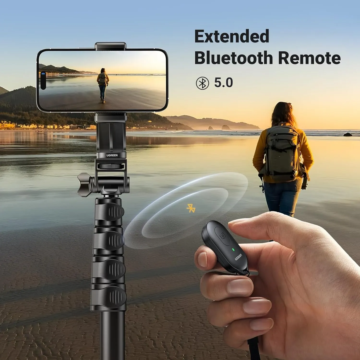 UGREEN 70-inch Aluminum Tripod Selfie Stick with Bluetooth Remote Controller, 4-Leg Section, 360 Degree Pan Head - Compatible for iPhone, Samsung Smartphones, Digital Camera, Go Pro / Action Cameras | For Selfies, Live Streaming & Vlogging