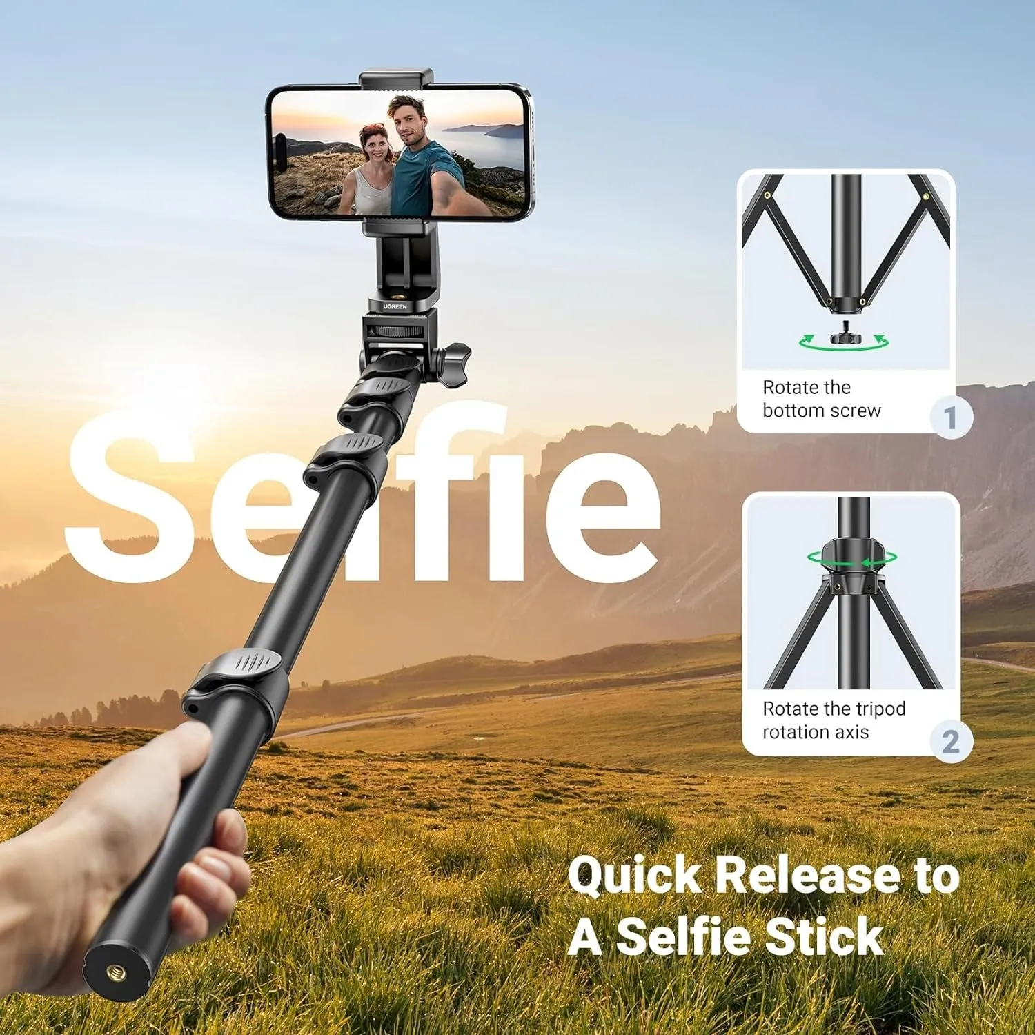 UGREEN 70-inch Aluminum Tripod Selfie Stick with Bluetooth Remote Controller, 4-Leg Section, 360 Degree Pan Head - Compatible for iPhone, Samsung Smartphones, Digital Camera, Go Pro / Action Cameras | For Selfies, Live Streaming & Vlogging