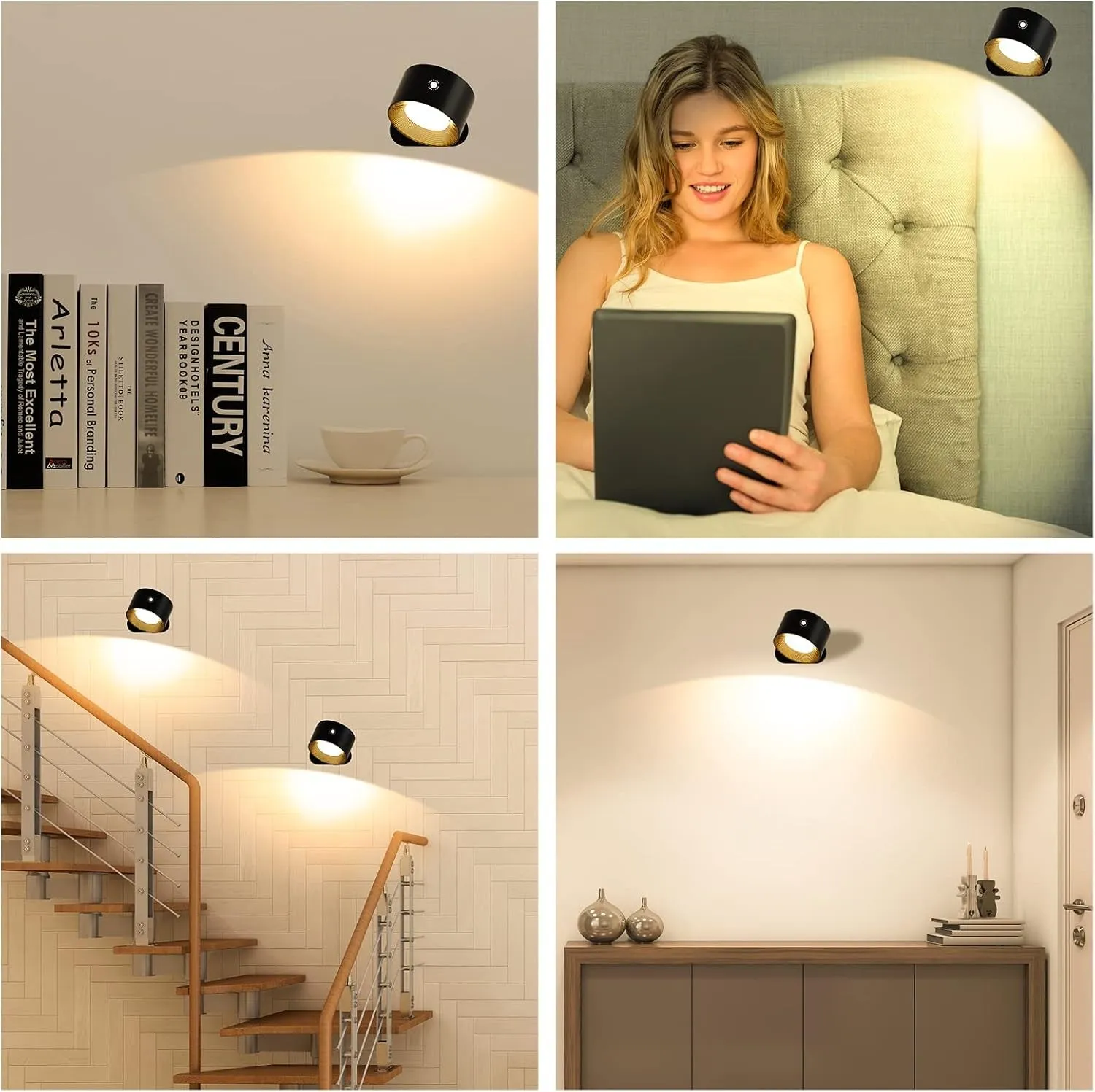 Wall Light Indoor, Wall Lamp Dimmable with Battery with USB Charging Port, Smart Wall Lamp Touch Control 3 Brightness Levels 16 Million Colours 360° Rotatable for Living Room (Black Colorful Light)