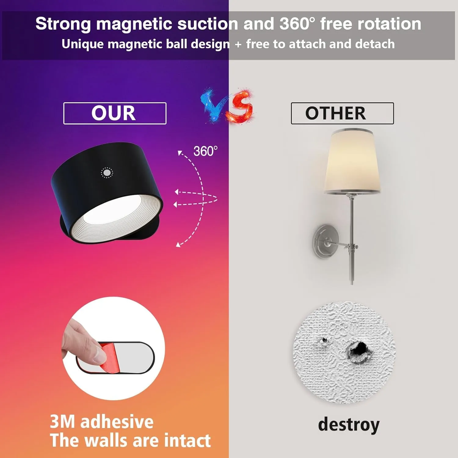 Wall Light Indoor, Wall Lamp Dimmable with Battery with USB Charging Port, Smart Wall Lamp Touch Control 3 Brightness Levels 16 Million Colours 360° Rotatable for Living Room (Black Colorful Light)