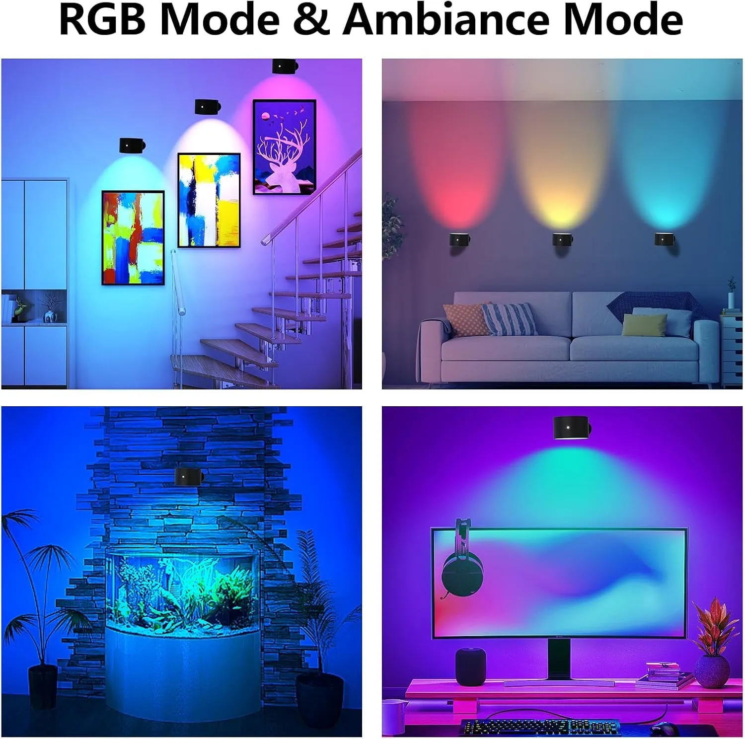 Wall Light Indoor, Wall Lamp Dimmable with Battery with USB Charging Port, Smart Wall Lamp Touch Control 3 Brightness Levels 16 Million Colours 360° Rotatable for Living Room (Black Colorful Light)