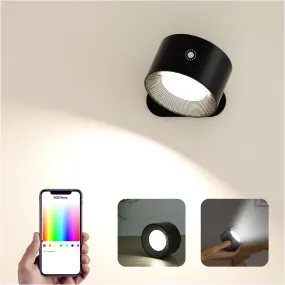 Wall Light Indoor, Wall Lamp Dimmable with Battery with USB Charging Port, Smart Wall Lamp Touch Control 3 Brightness Levels 16 Million Colours 360° Rotatable for Living Room (Black Colorful Light)