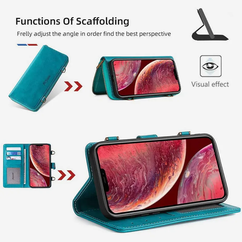 Wallet Case for iPhone Magnetic Detachable Wallet Purse with Crossbody Strap